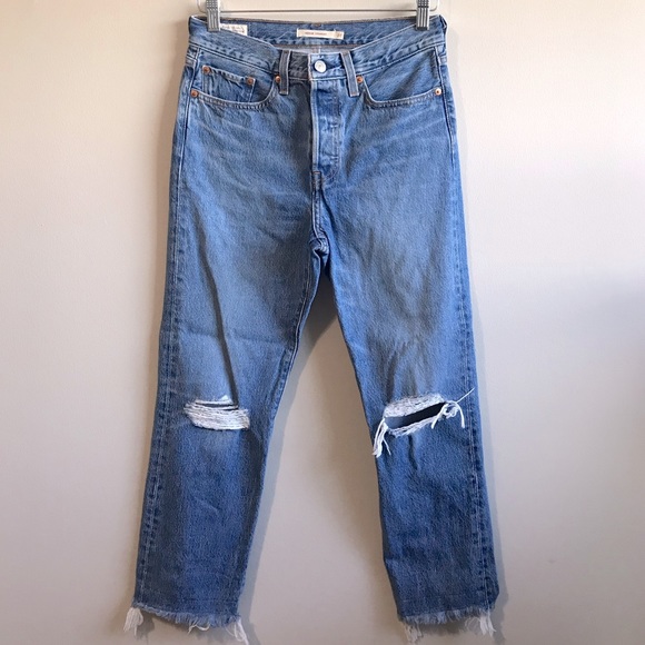 Levi's Denim - Levis Premium Wedgie Straight blue light washed distressed denim jeans size 27